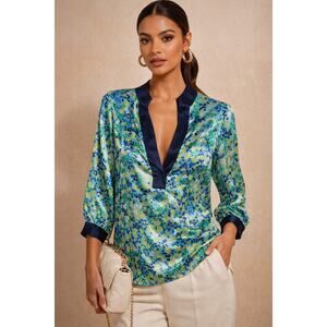 Lilly Pulitzer Gin Gria Hammered Silk Tunic Blouse Blue Green Women's Size 0